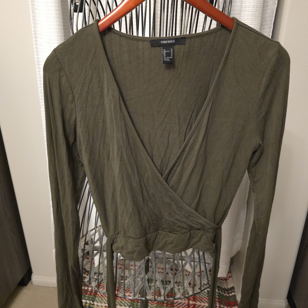 Forever 21 Khaki Long Sleeve Wrap Blouse
